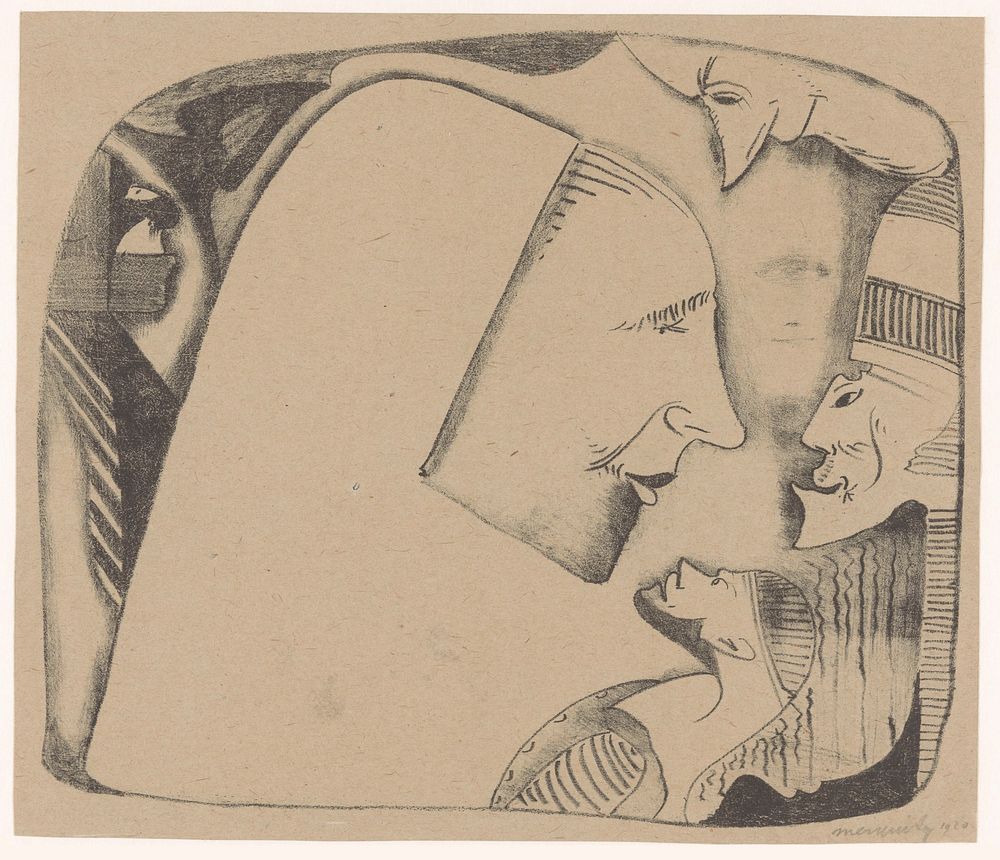 Fantasie: diverse profielen, in het midden een grote kop met 'lege' kap, naar rechts gewend (1920) by Samuel Jessurun de…