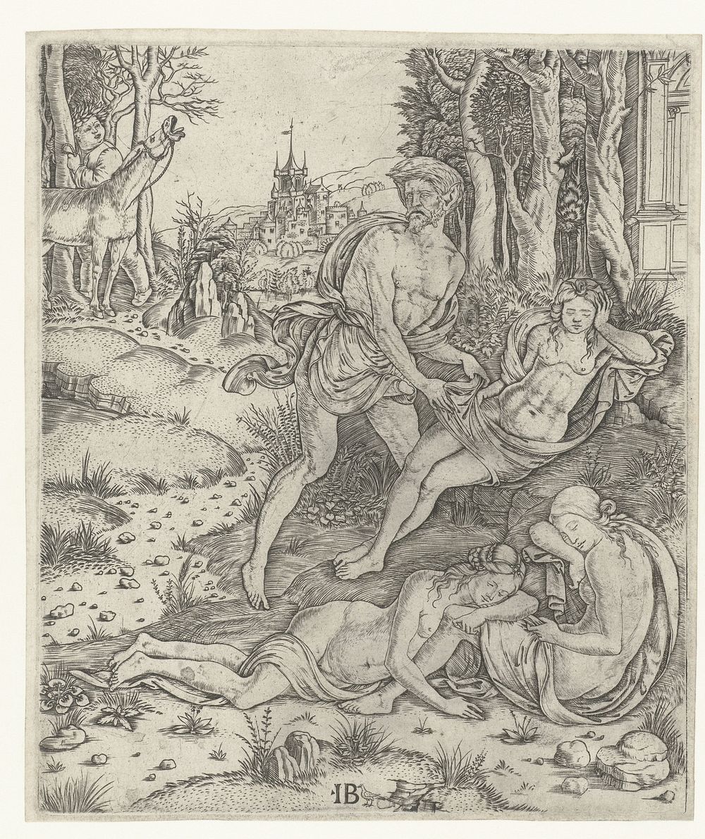 Priapus vergrijpt zich aan nimf Lotis (1500 - 1515) by Meester IB met de vogel and Meester IB met de vogel