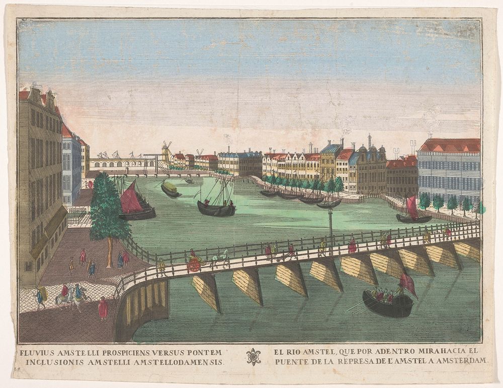 Gezicht op de Binnen-Amstel tussen de Blauwbrug en de Hogesluis te Amsterdam (1700 - 1799) by familie Remondini and anonymous