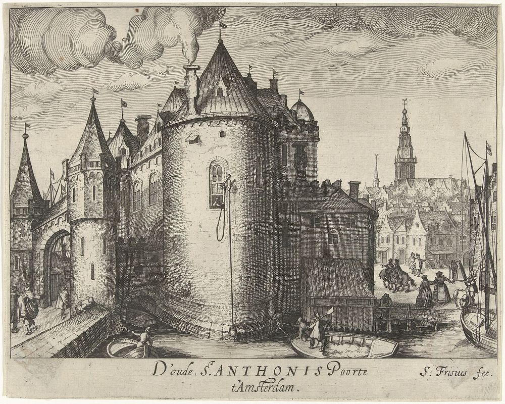 Gezicht op de Eerste Sint-Antoniespoort te Amsterdam (1601 - 1628) by Simon Frisius