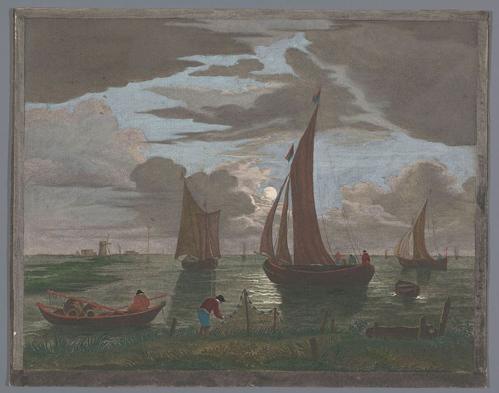 Gezicht op een kust met schepen en boten op het water bij maanlicht (1753 - 1797) by Pierre François Basan, Pierre Fouquet…