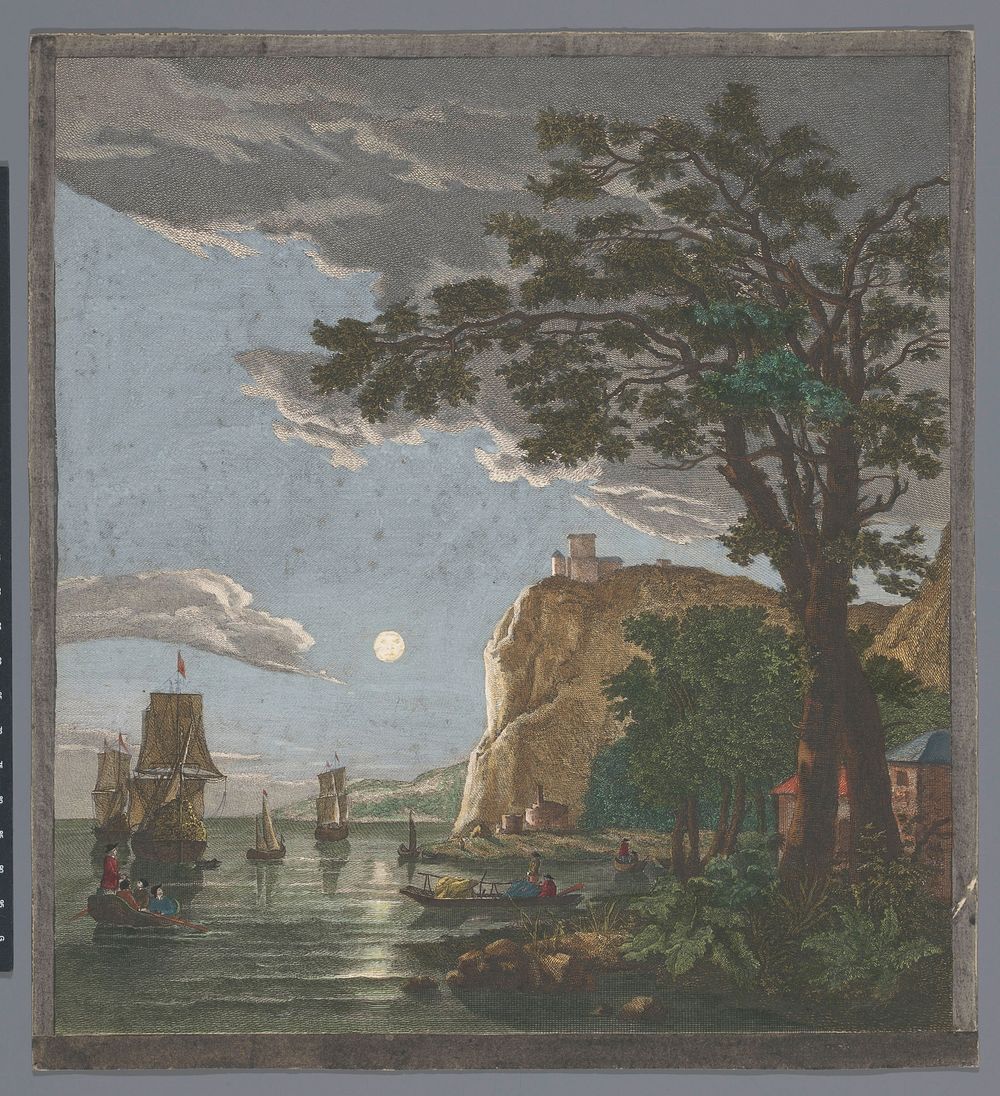 Gezicht op een kust met schepen en boten op het water bij maanlicht (1753 - 1797) by Pierre François Basan, Pierre Fouquet…