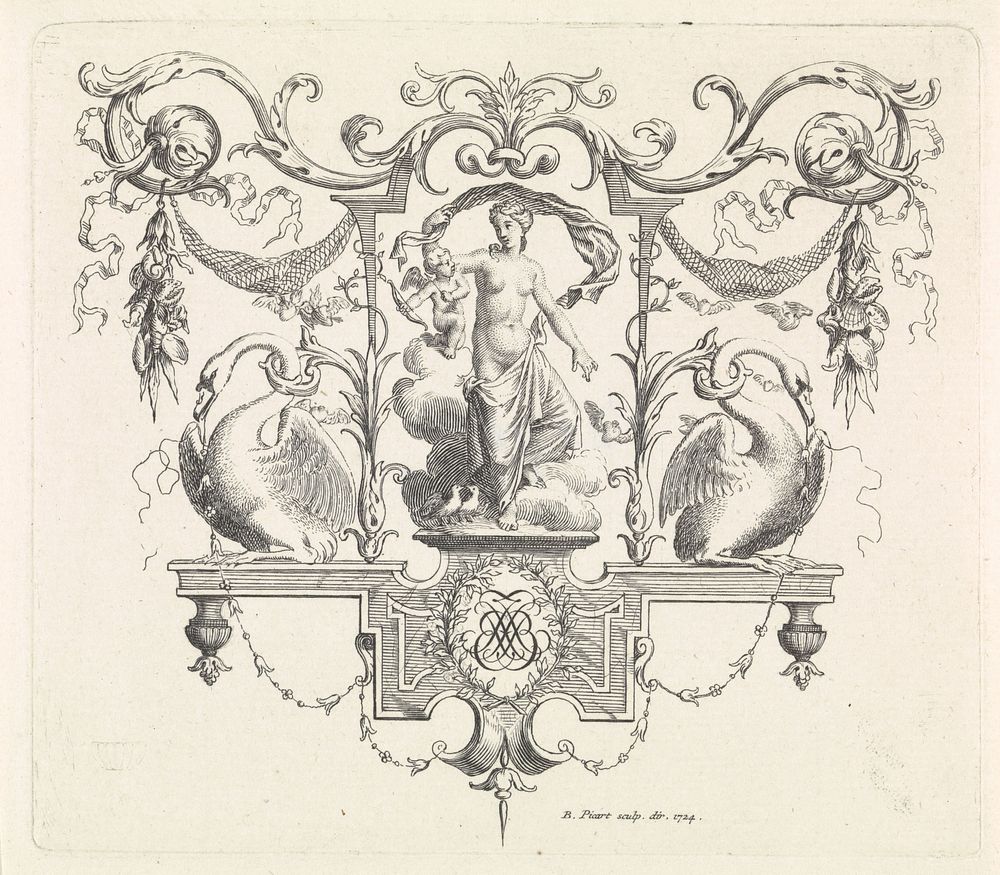 Venus en Amor in ornamenteel kader (1724) by Bernard Picart and Bernard Picart