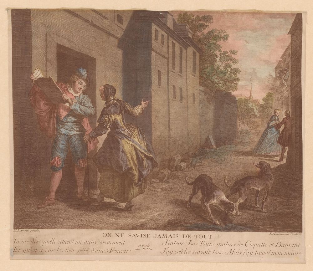 Straatgezicht met man met boek (1736 - 1738) by Nicolas de Larmessin III, Nicolas Lancret, M Roy and Denis Charles Buldet