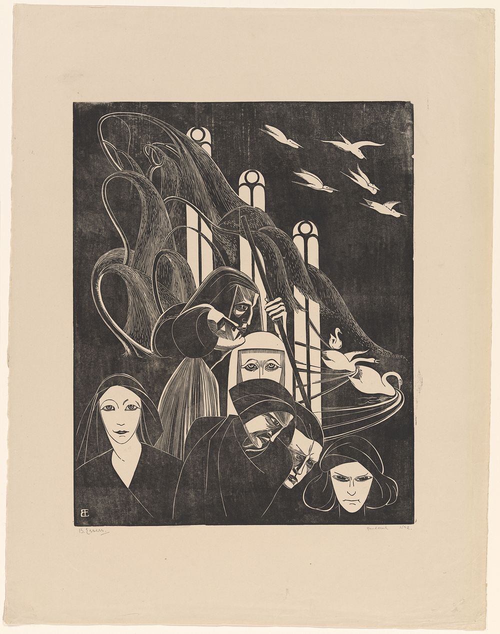 Compositie met gezichten en zwanen (1923) by Bernard Essers