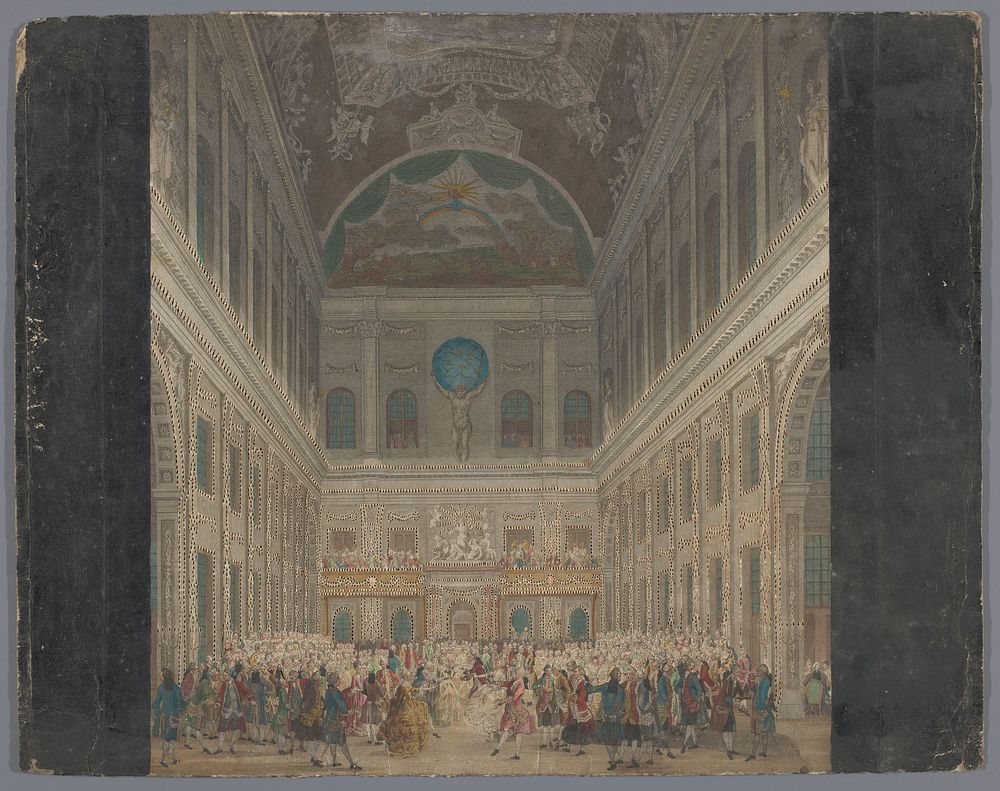 Gezicht op het interieur van het Stadhuis te Amsterdam met een feestelijk bal op 6 juni 1768 (1768 - 1787) by Johannes Smit…