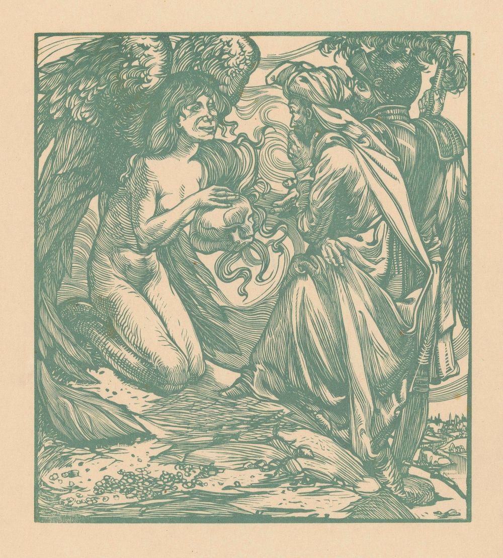 Engel toont een schedel aan twee mannen (1881 - 1934) by Johannes Josephus Aarts
