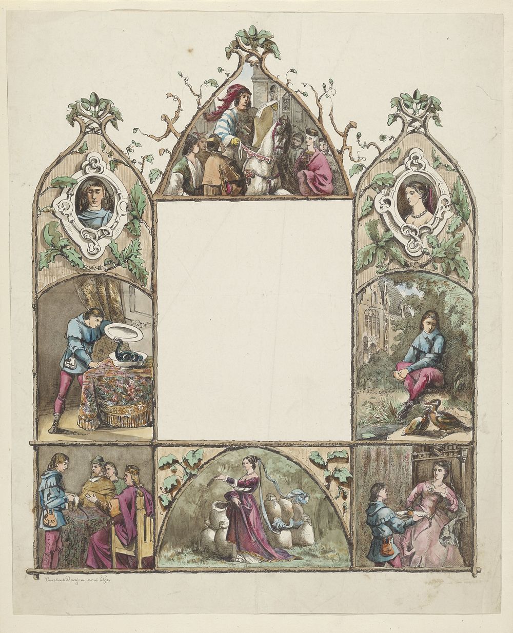 Wensbrief met figuren uit het sprookje De Witte Slang (1851 - 1914) by Constantius Wilhelmus Johannes Baesjou