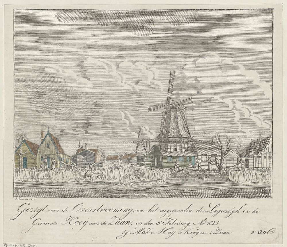 Gezigt van de overstrooming en het wegspoelen der Lagendijk in de / gemeente Koog aan de Zaan, op den 5 february A 1825…