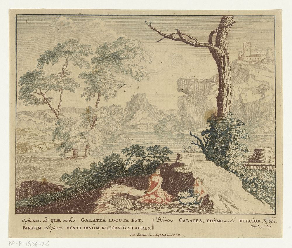 Landschap met twee herderinnen (1666 - 1706) by Jan van Call I and Pieter Schenk I