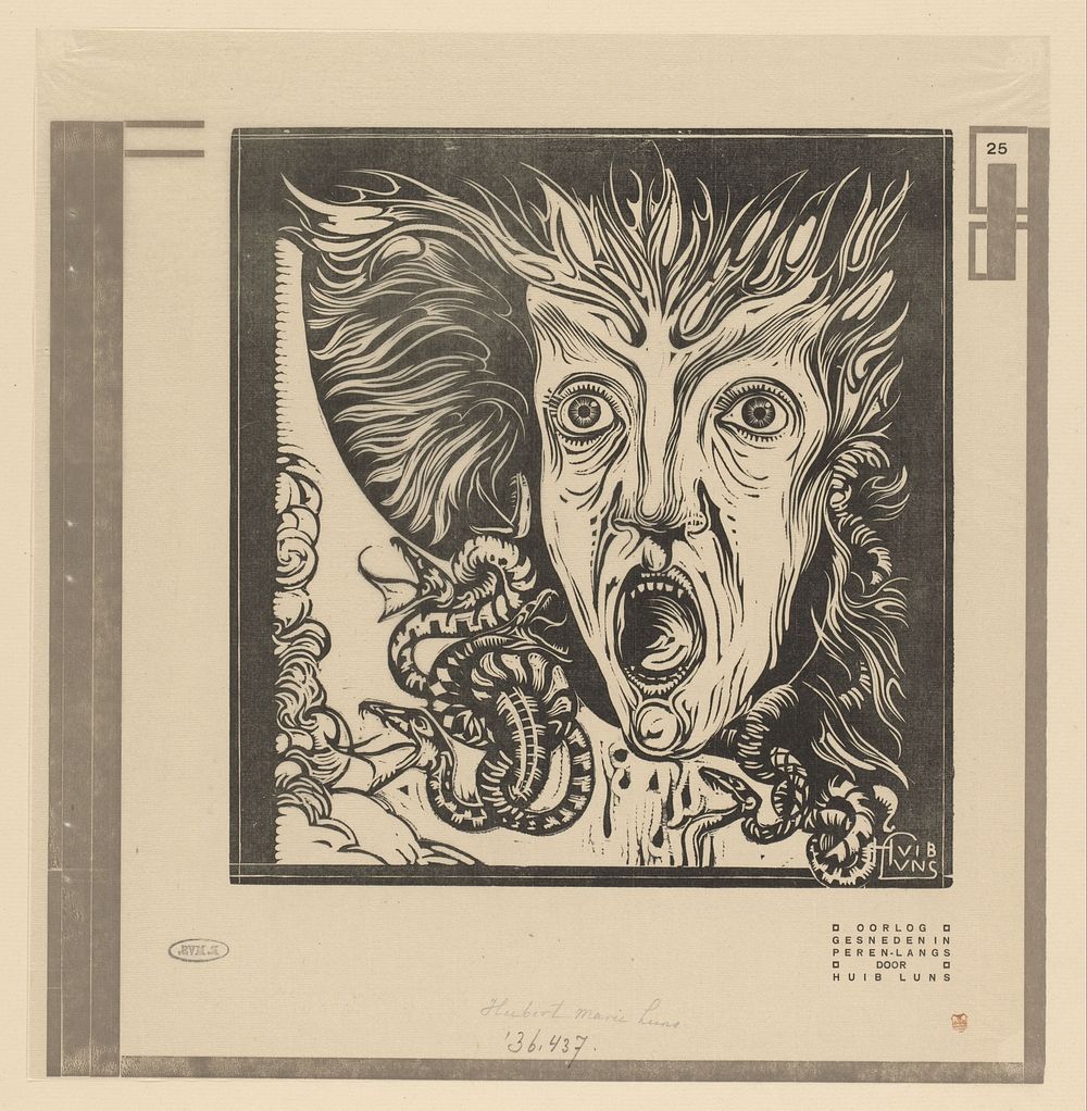 Vlammend gezicht met open mond en meerdere slangen (1919) by Huib Luns, De Volharding B V and De Hooge Brug