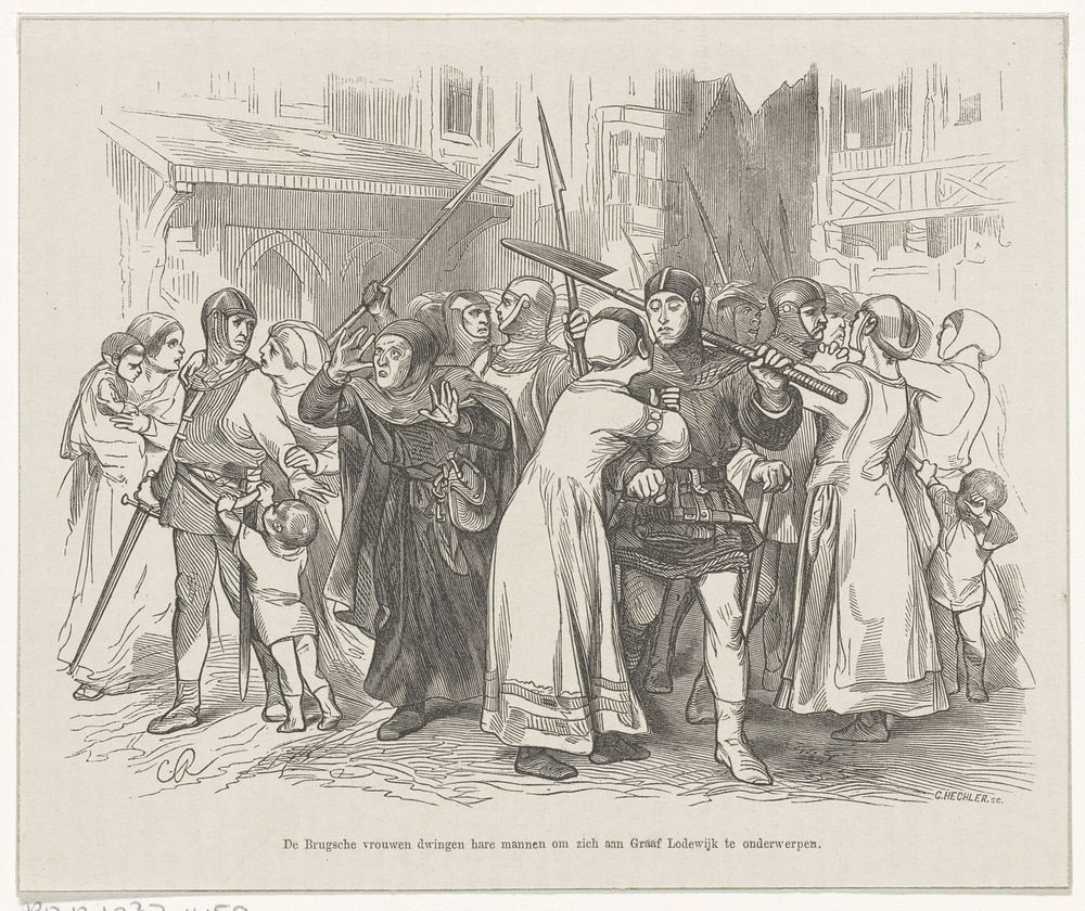De Brugsche vrouwen dwingen hare mannen om zich aan Graaf Lodewijk te onderwerpen (1800 - 1899) by Johann Georg Hechler