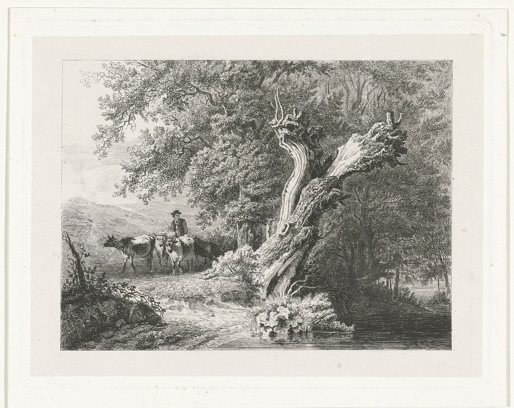 Landschap met kale boom en herder (1820 - 1886) by Constantinus Cornelis Huysmans