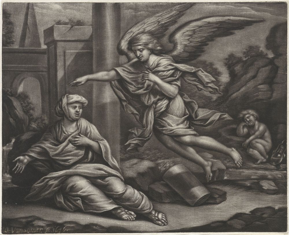 Hagar en Ismaël in de woestijn (1676) by Jan van Somer