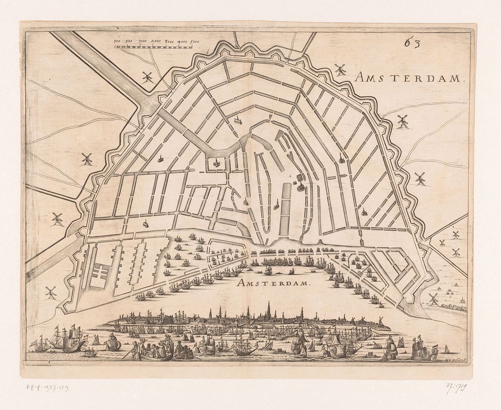 Vestingplattegrond van Amsterdam met een gezicht op de stad vanaf het IJ (1672 - 1673) by Matthias van Sommer and Michael…