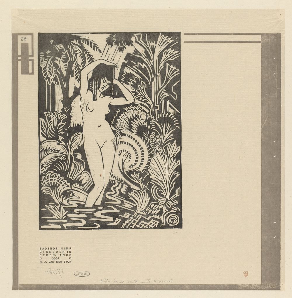 Nimf tot haar enkels in het water in het bos (1919) by Henri van der Stok, De Volharding B V and De Hooge Brug