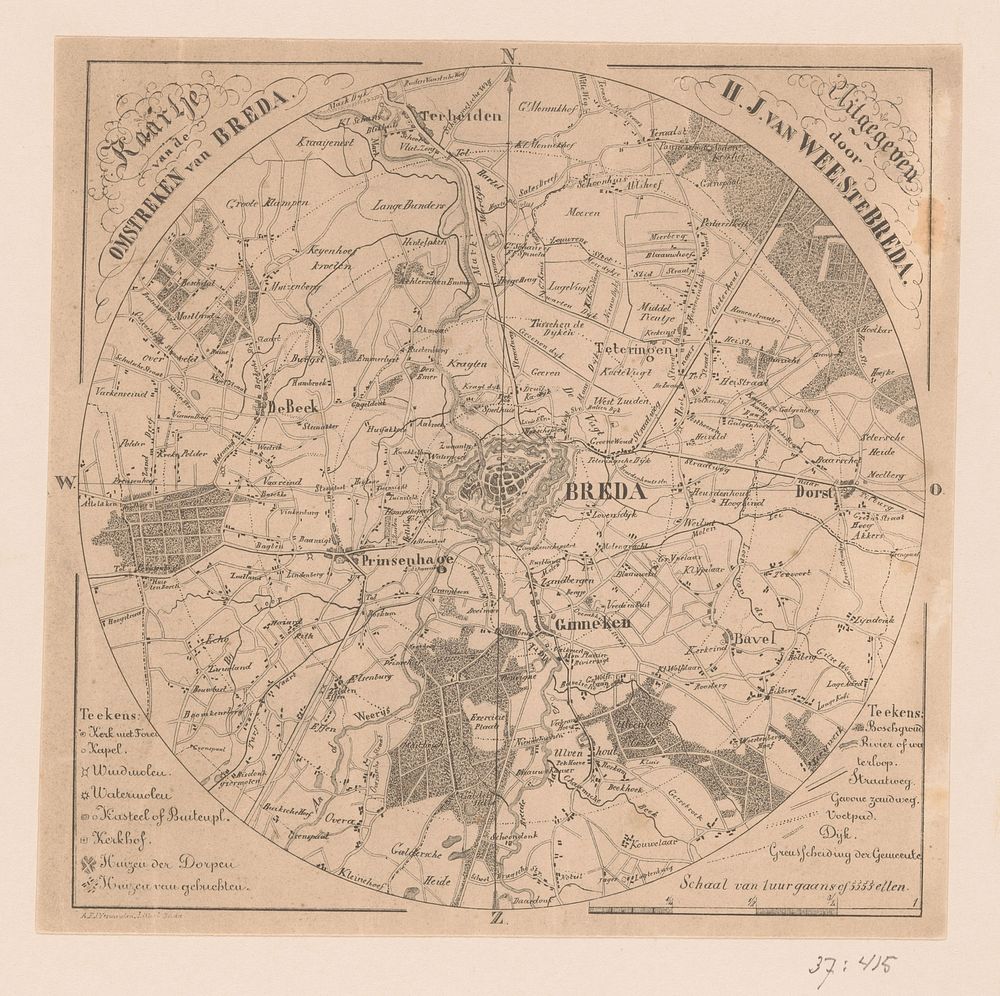 Kaart van Breda en omgeving (1839 - 1853) by anonymous, André Vermeulen and H J van Wees