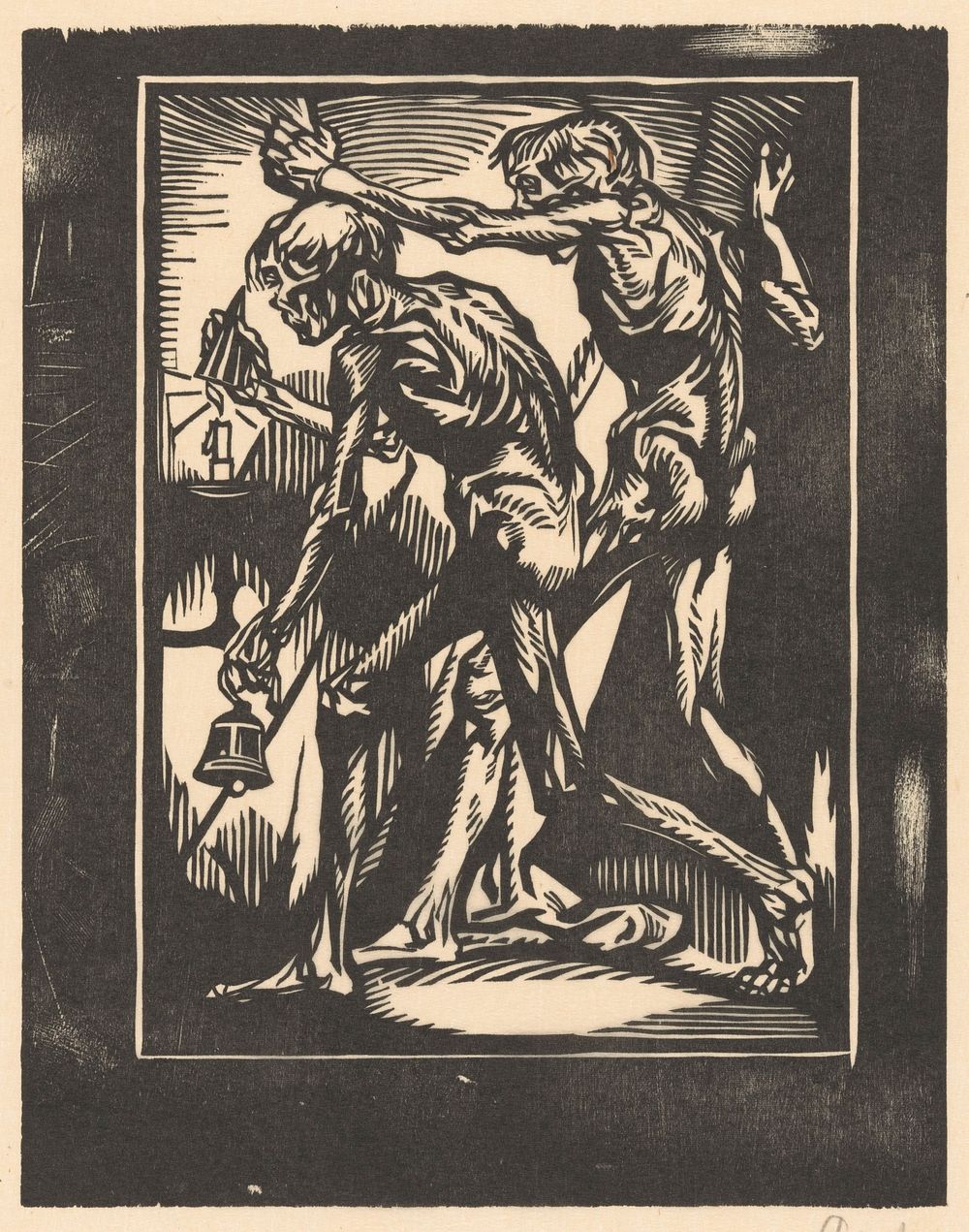 Twee naakte mannenfiguren met bel en kaarsendover (1881 - 1934) by Johannes Josephus Aarts