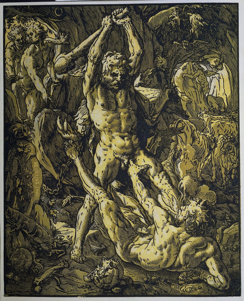 Hercules en Cacus (1588) by Hendrick Goltzius, Hendrick Goltzius and Willem Janszoon Blaeu