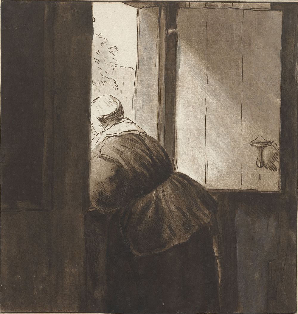 Vrouw leunend over een onderdeur (1765) by Cornelis Ploos van Amstel, Rembrandt van Rijn and Cornelis Ploos van Amstel