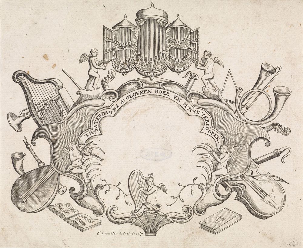 Cartouche gedecoreerd met muziekinstrumenten (1738 - 1772) by F J Walther, F J Walther and Arnoldus Olofsen