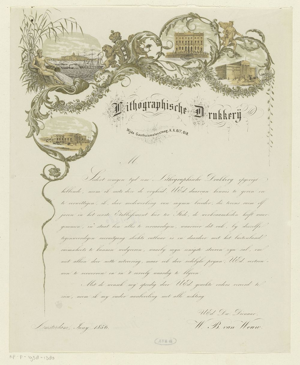 Aankondigingsblad met randvignetten voor de lithografische drukkerij van W.B. van Wouw (1856) by Willem Bastiaan van Wouw…