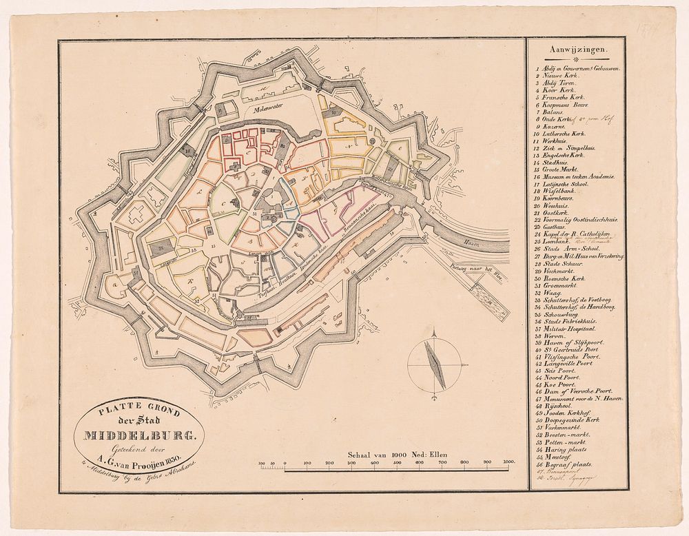 Ingekleurde plattegrond van Middelburg (1830) by Adriaan Gerrit van Prooijen, Gebroeders Abrahams Middelburg and Adriaan…