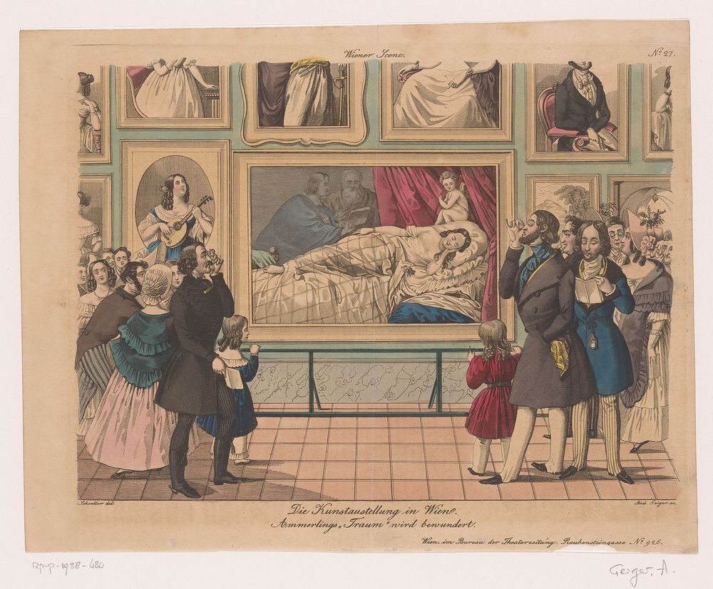 Dames en heren aanschouwen schilderijen bij een tentoonstelling in Wenen (1829 - 1848) by Andreas Geiger and Johann…