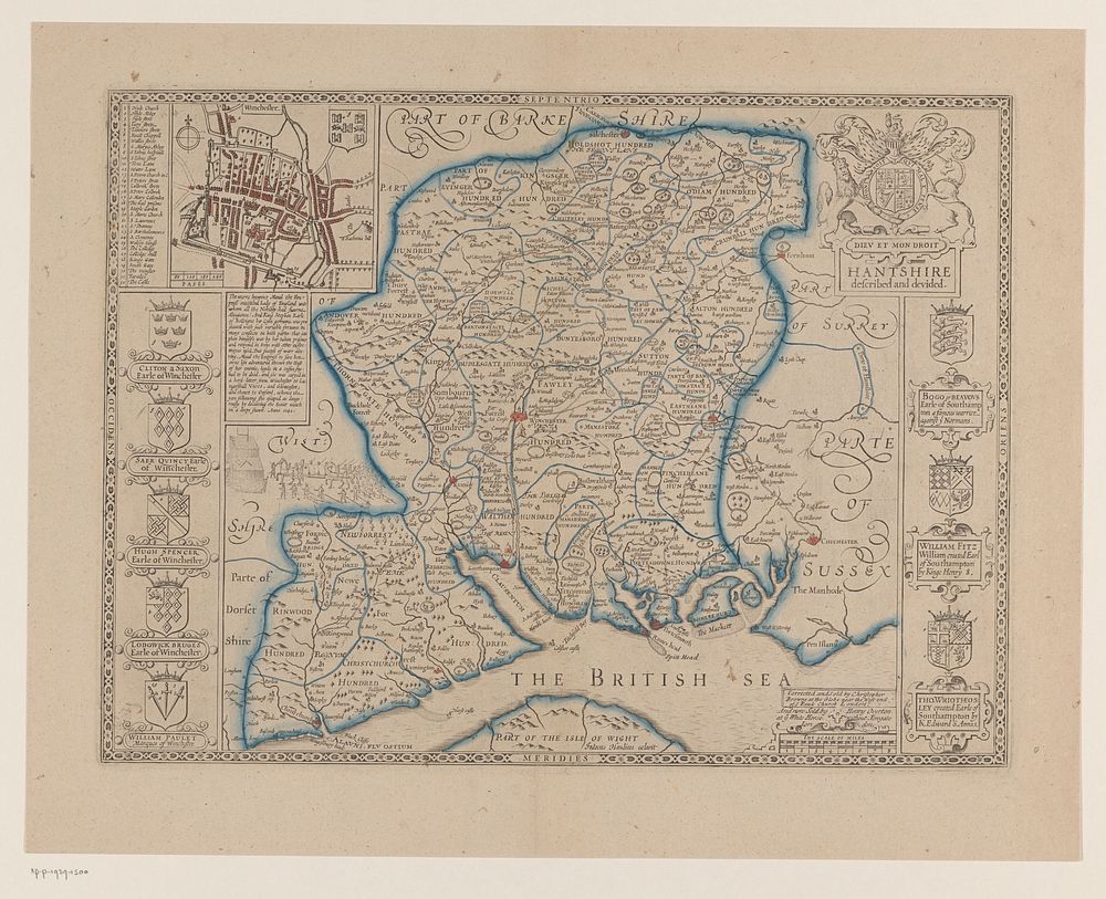 Kaart van de zuidkust van Engeland met een gedeelte van het eiland Wight (1710 - 1751) by Jodocus Hondius I, John Speed…