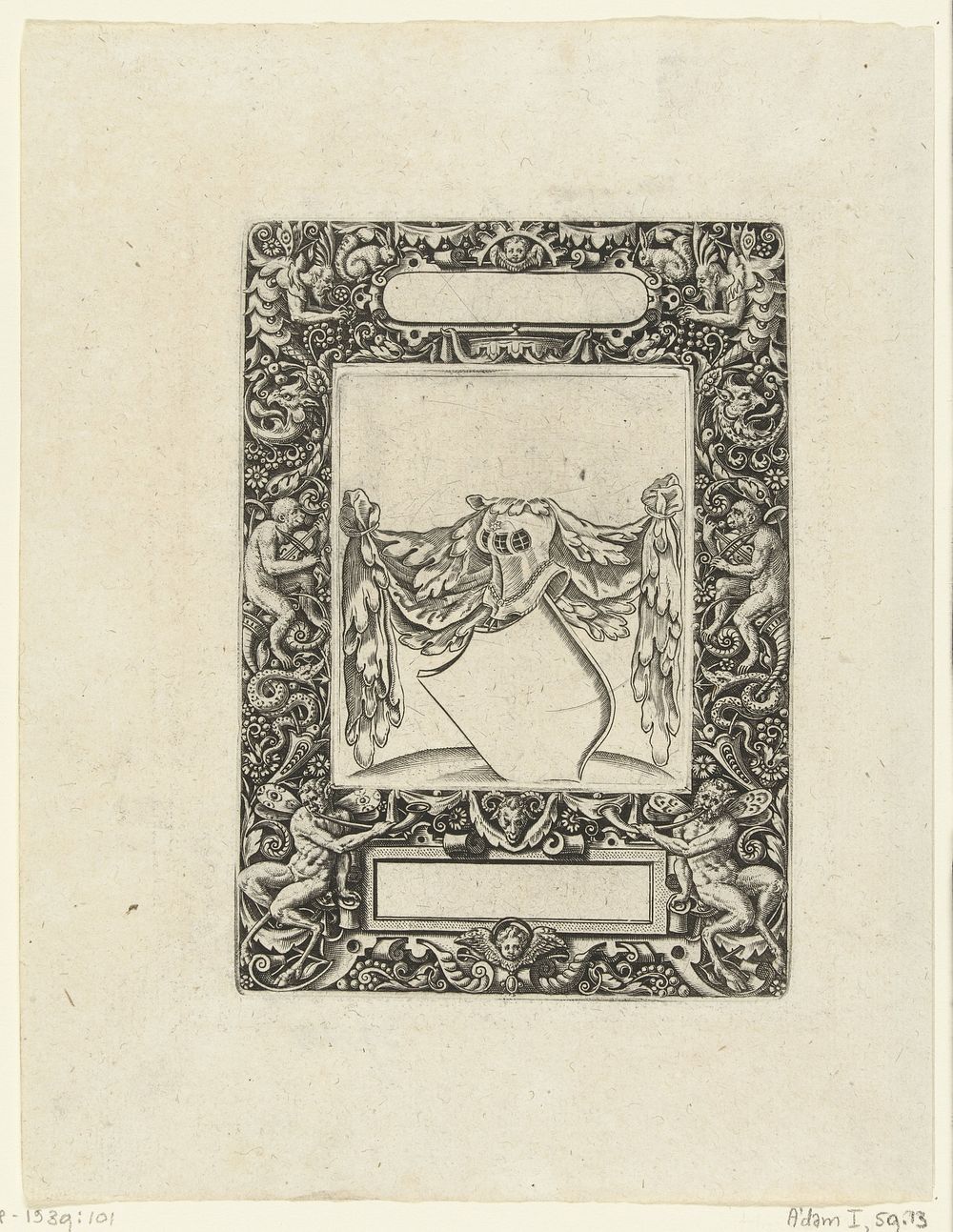 Omlijsting met een langwerpige cartouche met ronde zijkanten middenboven (1593) by Theodor de Bry, Theodor de Bry and…