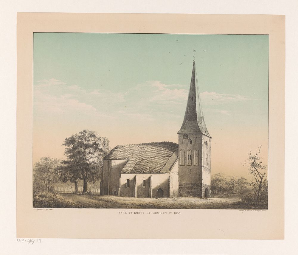 Gezicht op kerk te Emmen (1855) by Isaac Reijnders Sz and Emrik and Binger