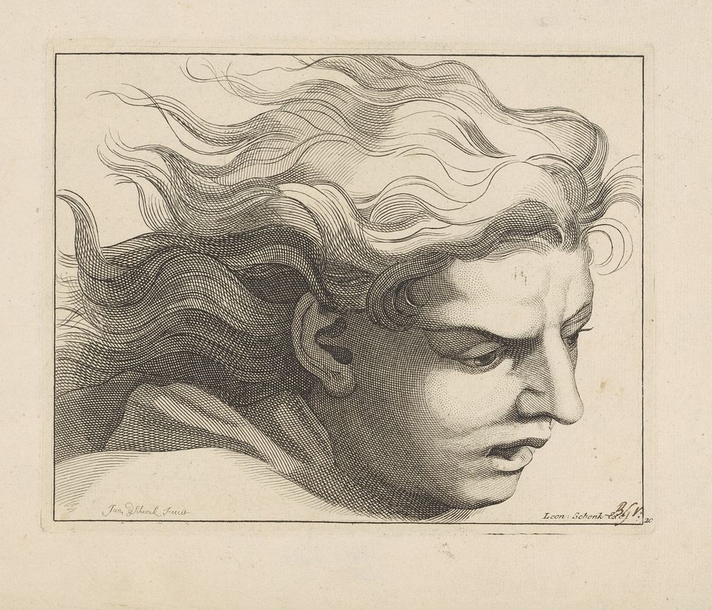 Studie van een mannenhoofd met golvende haren (1710 - 1767) by Jan Schenk and Leonard Schenk
