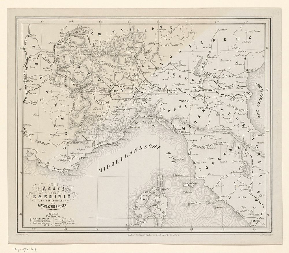 Kaart van het oorlogsterrein van Zuid-Frankrijk en Noord-Italië in 1859 (1859) by H Scheve, A J Lastdrager, van and Gorter…