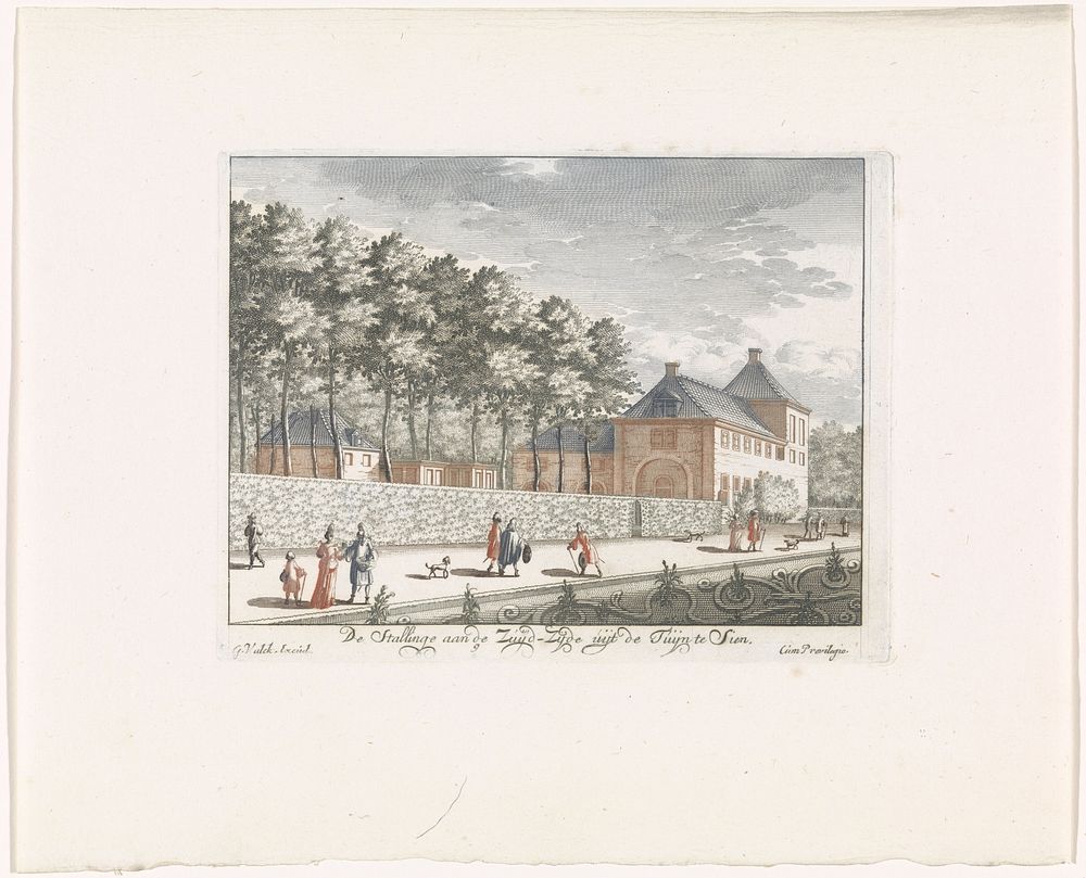 Gezicht op de stallen aan de zuidzijde van Paleis Soestdijk (1695) by anonymous, Gerard Valck and Johan Teyler