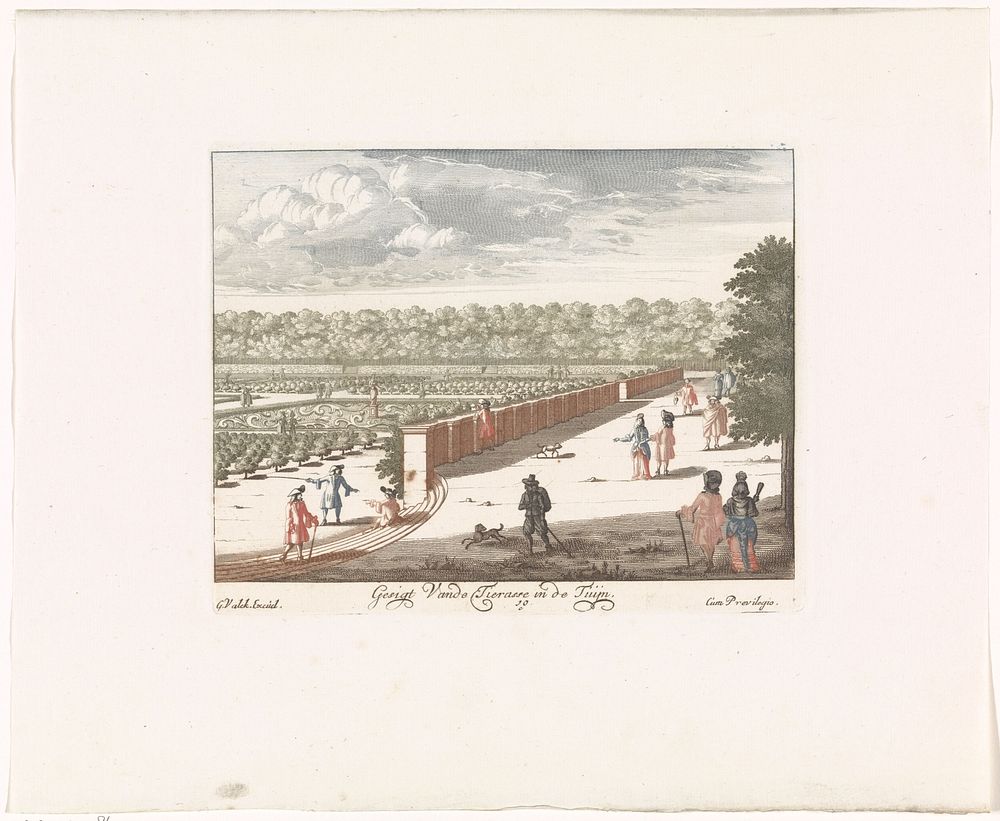 Gezicht vanuit de terrassen in den tuin van Soestdijk (1695) by anonymous, Gerard Valck and Johan Teyler