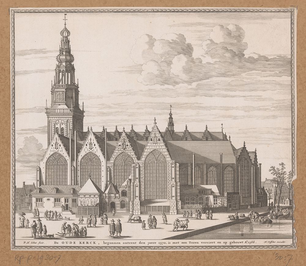 Gezicht op de Oude Kerk te Amsterdam vanaf de Oudezijds Voorburgwal (1662) by Pieter Hendricksz Schut and Nicolaes Visscher I