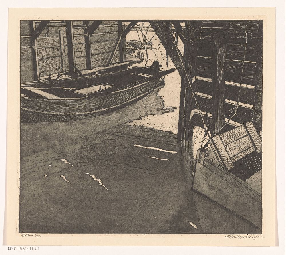 Interieur van een schuitenhuis met een viskaar en een schuit met ingebouwde viskaar (1922) by Willem Jansen graveur