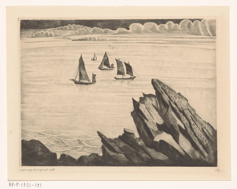 Zeilschepen bij de Bretonse kust (1928) by Lodewijk Schelfhout and N V Roeloffzen and Hübner