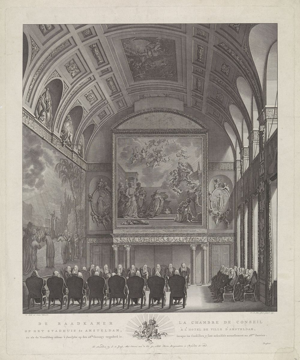Vroedschapskamer in het stadhuis te Amsterdam (1790) by Noach van der Meer II, Willem Kok, Izaak de Jongh and Stadsbestuur…