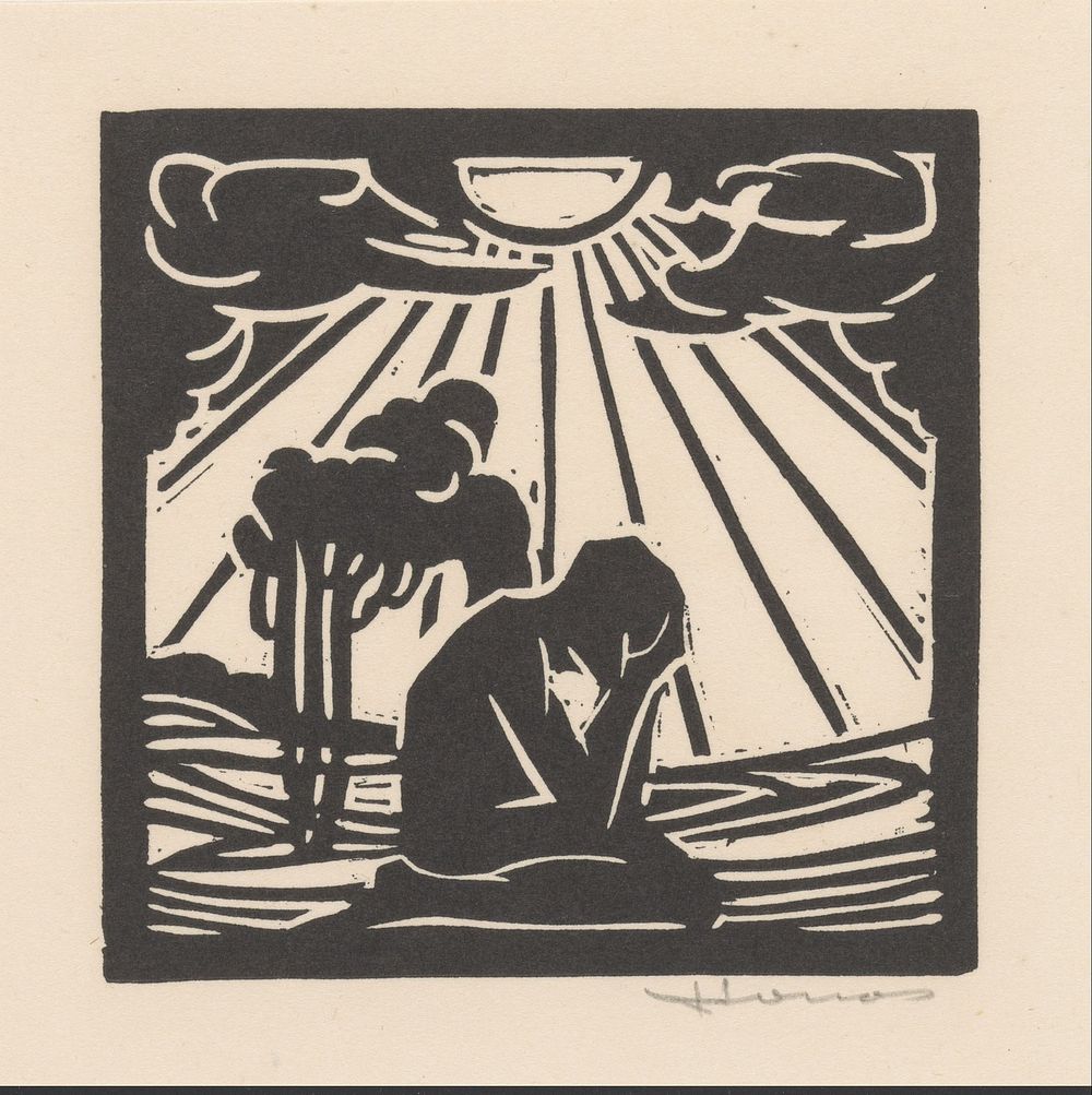 Geknielde figuur in een landschap met bomen (1888 - 1931) by Henri Jonas