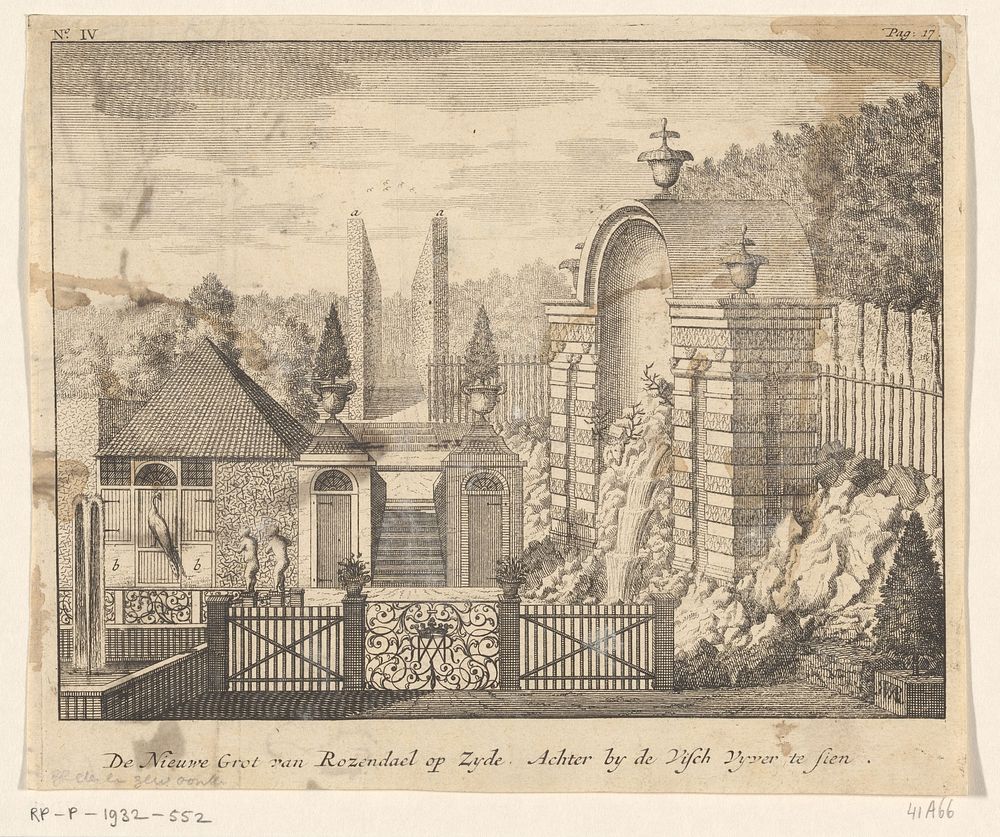 Gezicht op de zijkant van de grot bij de visvijver in de tuin van Kasteel Rosendael (1718) by anonymous, Berend Elshof and…