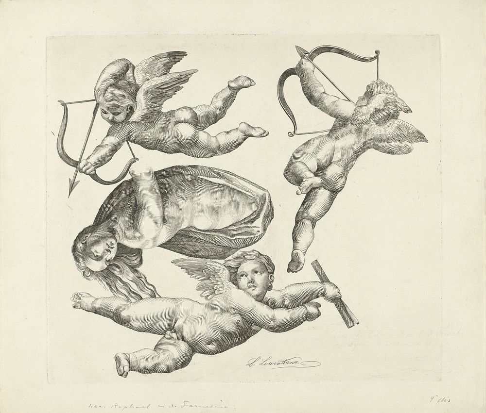 Drie putti en een vrouwenfiguur (1852 - 1898) by Leopold Löwenstam and Rafaël