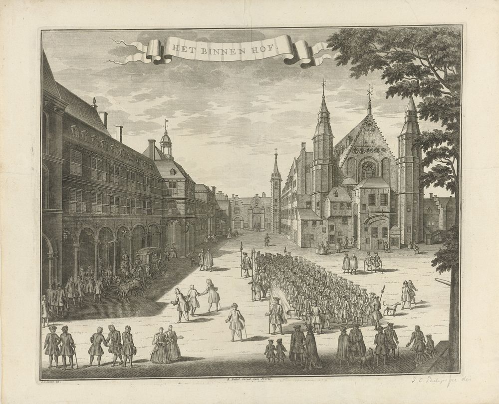 Gezicht op het Binnenhof te Den Haag (1730 - 1736) by anonymous, Gerrit van Giessen, Reinier Boitet and Adrianus Douci…