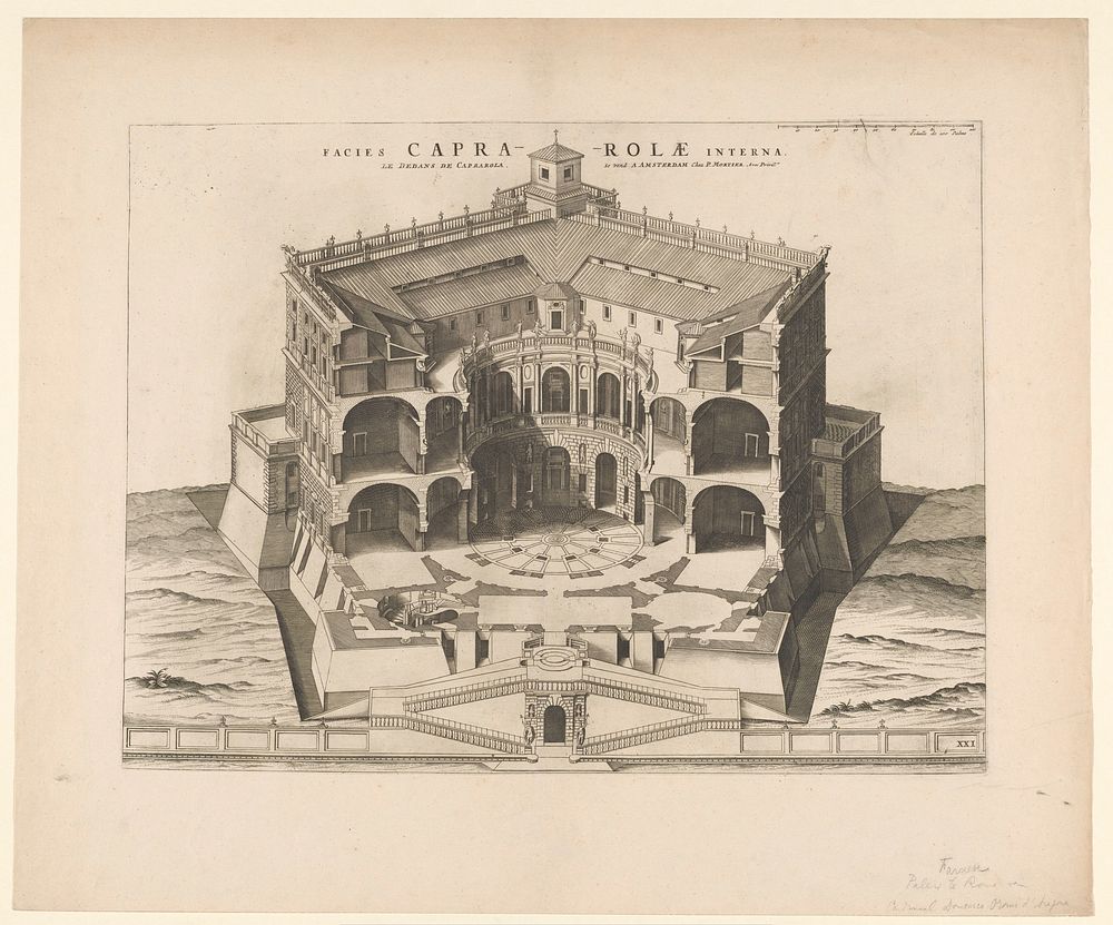 Doorsnede en plattegrond van de Villa Farnese in Caprarola (1704 - 1724) by anonymous, Pieter Mortier I, Rutgert Christoffel…