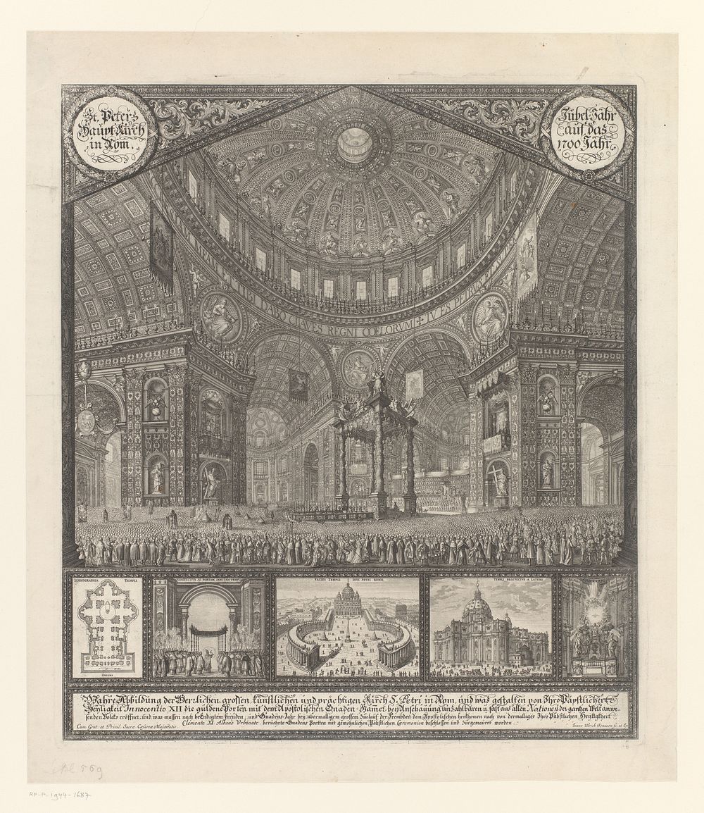 Sint-Pietersbasiliek met zicht op de baldakijn en koepel (1700) by Johann Ulrich Kraus, Johann Ulrich Kraus and Clemens XI