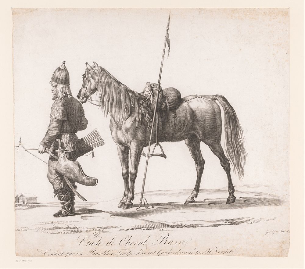 Soldaat in Rusissche klederdracht bij zijn paard (1799 - 1871) by Jean Pierre Marie Jazet and Horace Vernet