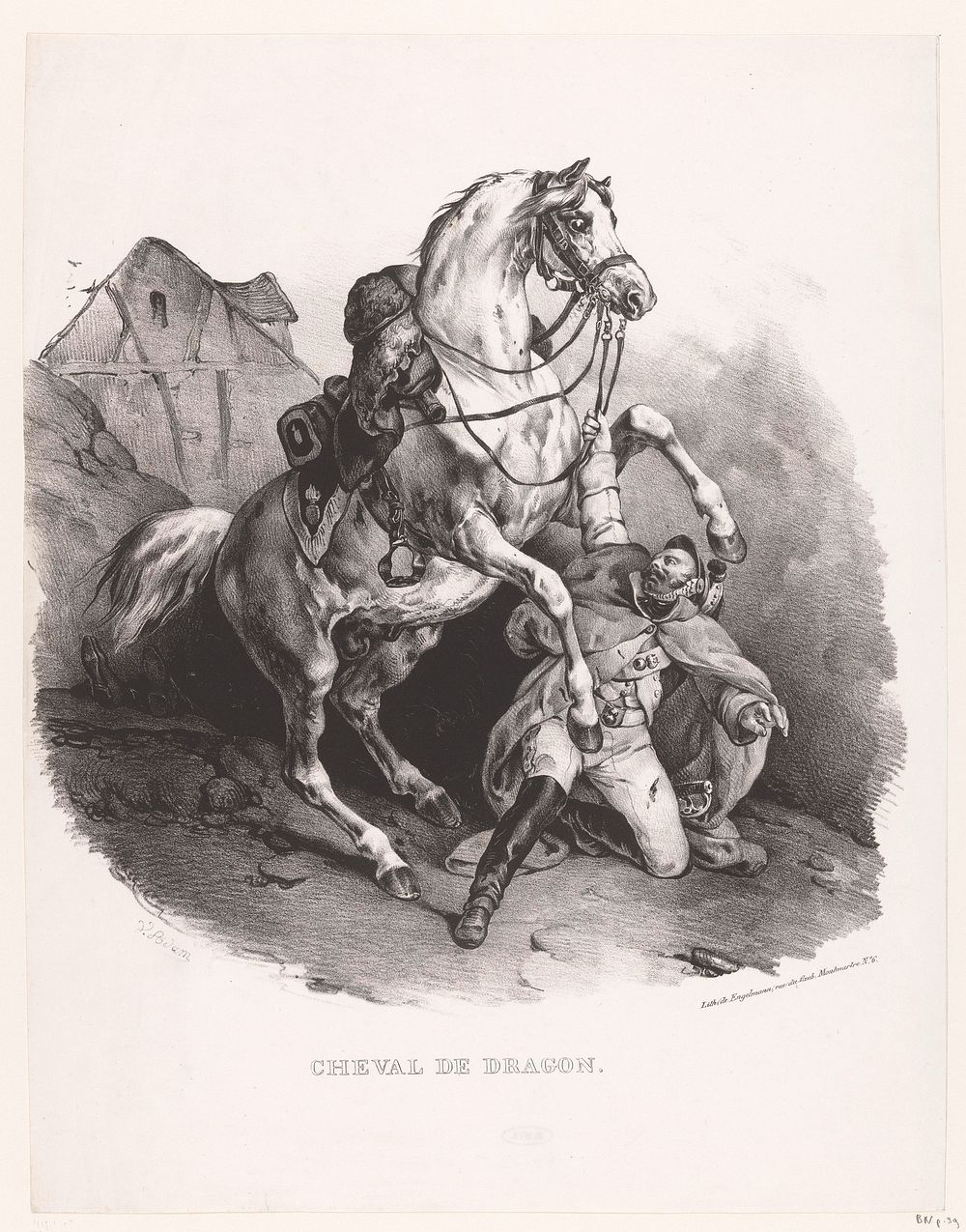 Geknielde dragonder met paard (1829 - 1830) by Victor Adam and Gottfried Engelmann