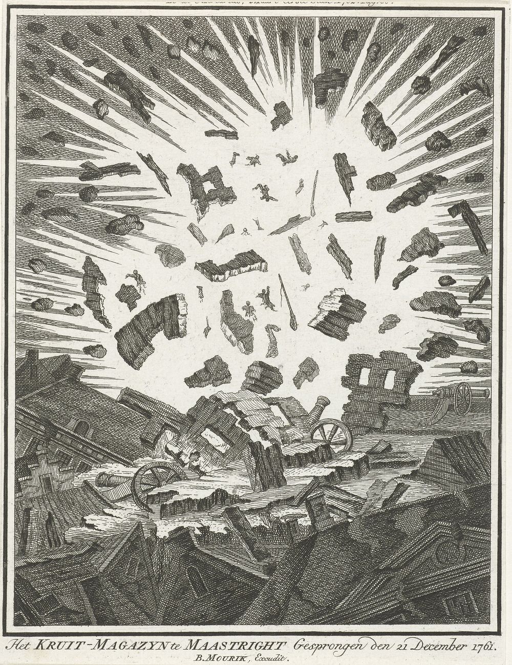 Ontploffing van het kruitmagazijn te Maastricht, 1761 (1762) by anonymous and Bernardus Mourik