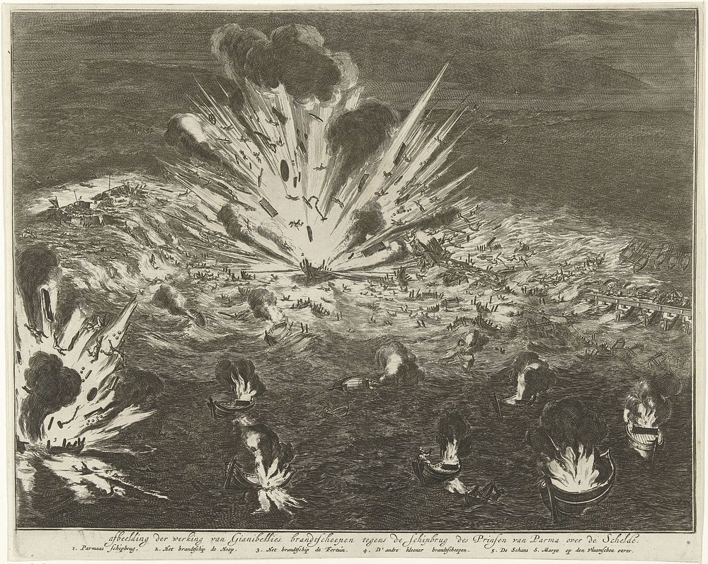 Opblazen van de schipbrug in de Schelde, 1585 (1703) by Coenraet Decker and Coenraet Decker