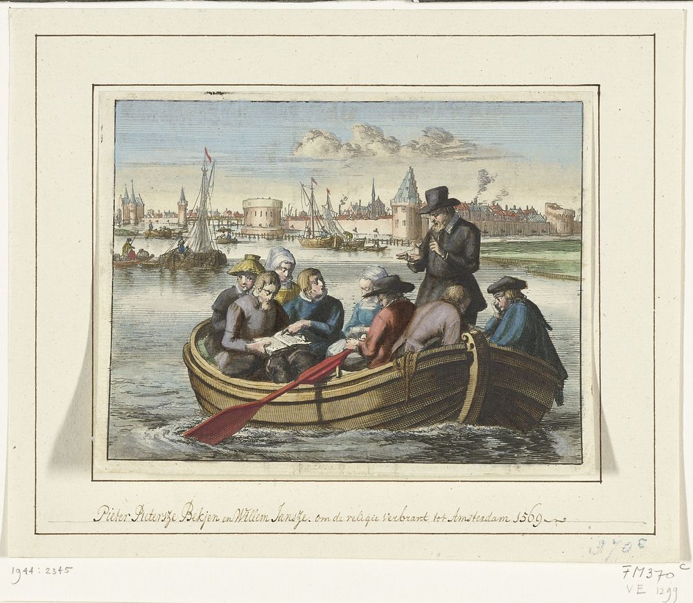 Pieter Pietersz. Bekjen predikt aan acht personen in een roeibootje op de Amstel, 1568 (1691 - 1693) by Jan Luyken